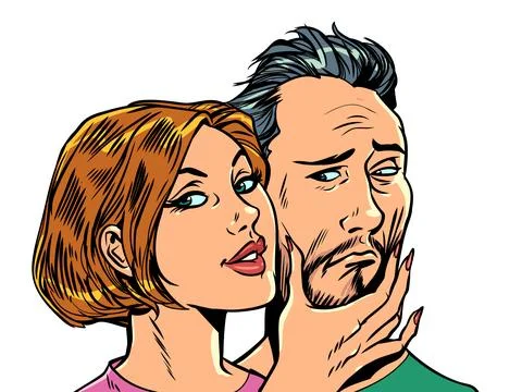 Managing someone else s life through manipulation. A woman holds a man s face Stock Illustration