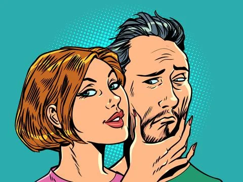 Managing someone else s life through manipulation. A woman holds a man s face Stock Illustration
