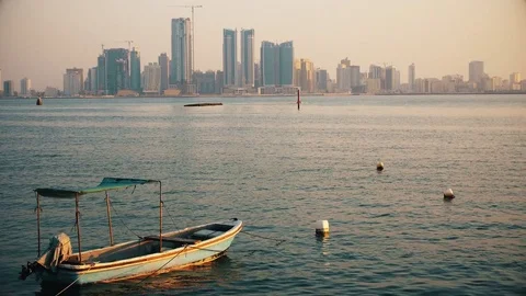Manama Skyline from the sea Stock Footage 73377344