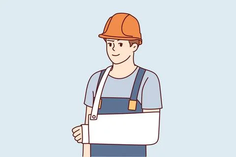 Manbuilder mit gebrochenem Arm nach Unfall am Arbeitsplatz für Arbeitnehme.. Stock Photos