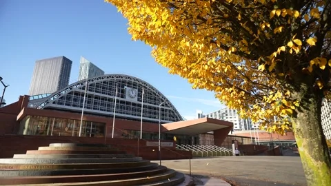 Manchester Central Convention Complex and  autumn colours, Manchester, England Stock Footage 292694813