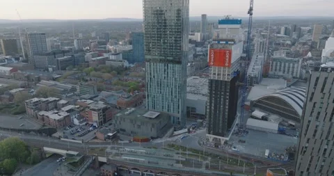 Manchester Deansgate Sunset Drone Video Stock Footage 240420005