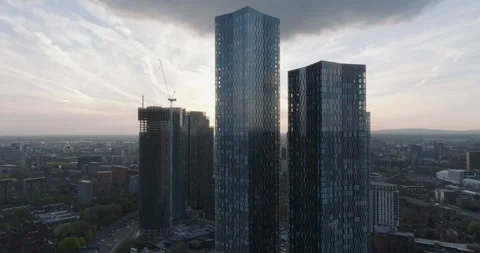 Manchester Deansgate Sunset Drone Video Stock Footage 240420118