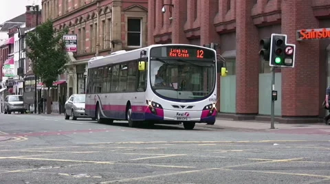 Manchester First group single deck bus at Bridge Street, Manchester city centre Video stock 51150654