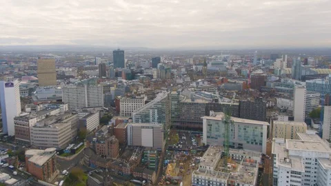 Manchester skyline with grey skies from a drone Stock Footage