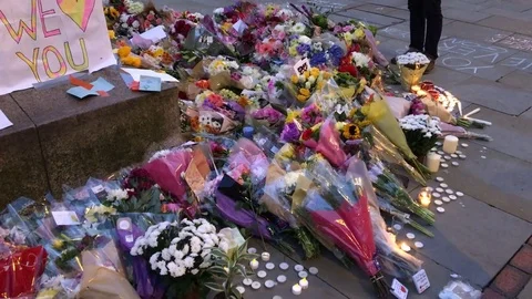 Manchester TERRORIST ATTACK FLOWERS ON THE FLOOR Stock Footage 80828012