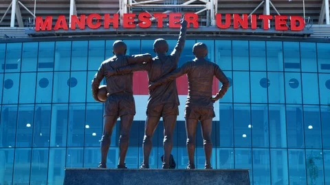 Manchester,UK - 4 May 2017: Statue Of Players Outside Old Trafford Football Stock Footage