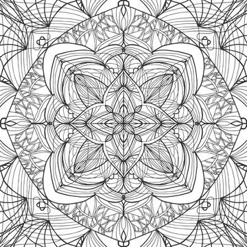 Mandala, background. Star shape or snowballs. Black and white snowflake. Stock Illustration
