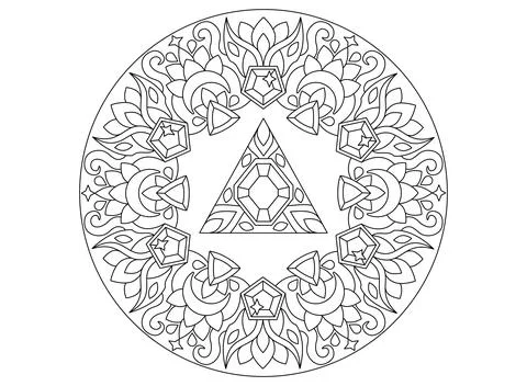 Mandala of crystals and plant elements, sacred geometry - vector linear picture Illustrazione stock