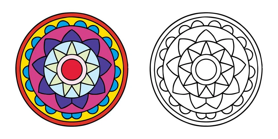 Mandala Design Set with Colored and Black Line Versions for Coloring Stock Illustration