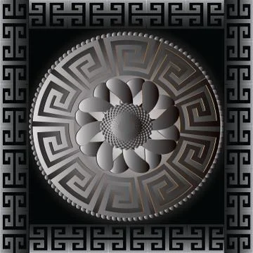 Mandala. Geometric 3d ornament. Vector meander pattern. Modern dark black bac Illustrazione stock