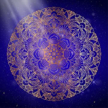 Mandala. Gold round ornament pattern on blue background. Stock Illustration