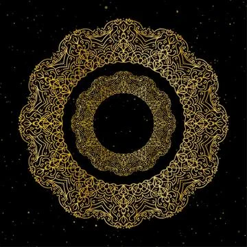 Mandala. Gold round ornament pattern on black background. Illustrazione stock