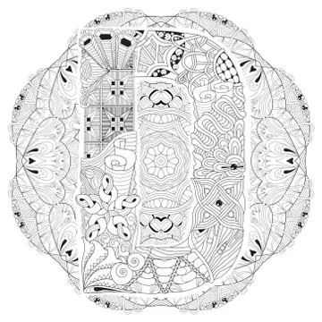 Mandala with letter D for coloring. Vector decorative zentangle Stock Illustration