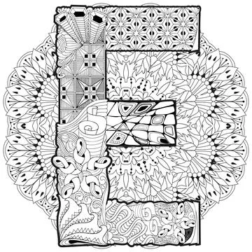 Mandala with letter E for coloring. Vector decorative zentangle Иллюстрация