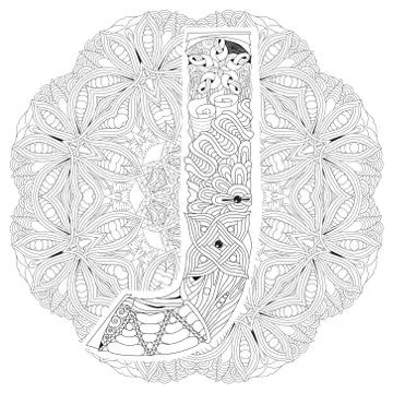 Mandala with letter J for coloring. Vector decorative zentangle Stock Illustration