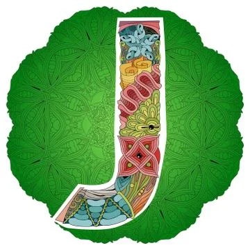 Mandala with letter J. Vector decorative zentangle object Stock Illustration