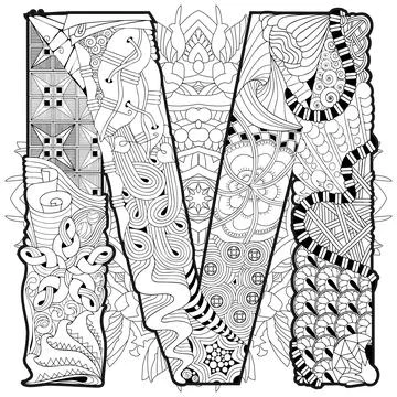 Mandala with letter M for coloring. Vector decorative zentangle Stock Illustration