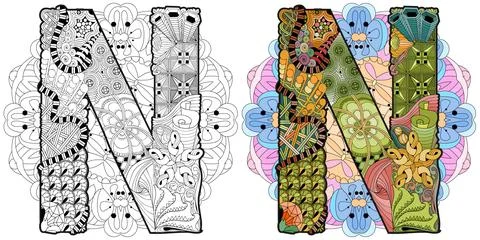 Mandala with letter N. Vector decorative zentangle object Stock Illustration