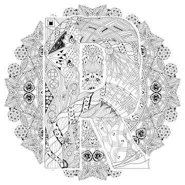 Mandala with letter R for coloring. Vector decorative zentangle Ilustração Stock