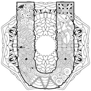 Mandala with letter U for coloring. Vector decorative zentangle Stock Illustration