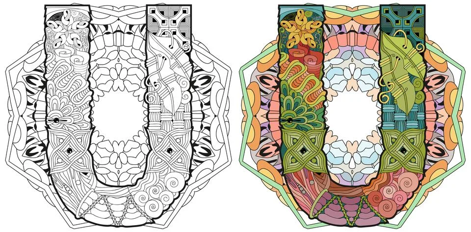 Mandala with letter U for coloring. Vector decorative zentangle. Colored and 스톡 일러스트