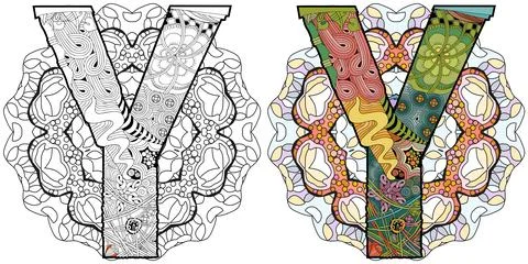 Mandala with letter Y for coloring. Vector decorative zentangle. Colored and Ilustração Stock