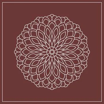 Mandala line vector. A symmetrical white round ornament on burgundy background. Illustrazione stock