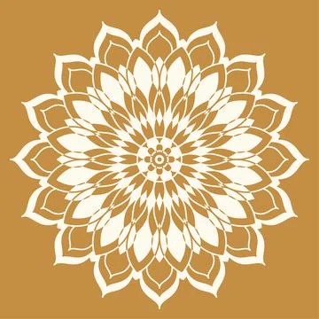 Mandala line vector. A symmetrical white round ornament on ochre background. Stock Illustration