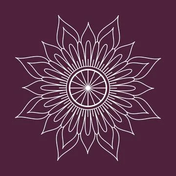 Mandala line vector. A symmetrical white round ornament on burgundy background. Illustrazione stock