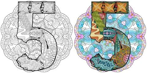 Mandala with numero five. Vector decorative zentangle Stockillustratie