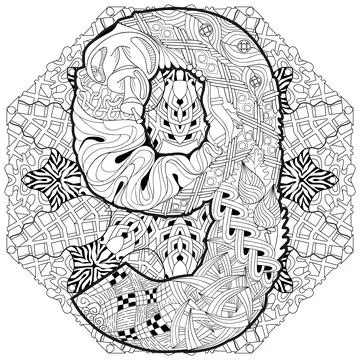 Mandala with numero nine for coloring. Vector decorative zentangle Stock Illustration