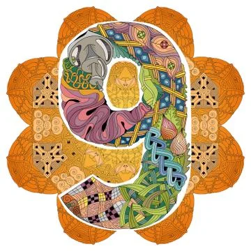 Mandala with numero nine. Vector decorative zentangle Stock Illustration