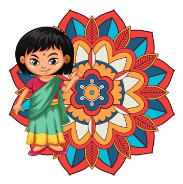 Mandala pattern design background with Indian girl smiling 스톡 일러스트