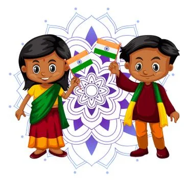 Mandala pattern design with two happy Indian kids Stock Illustration