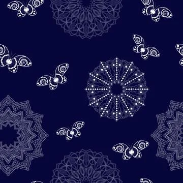 Mandala seamless pattern with butterflies Stock Illustration