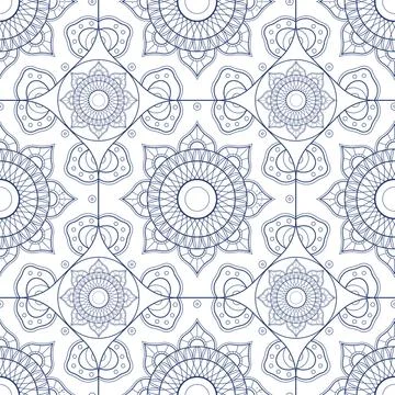 Mandala seamless pattern vector. A symmetrical round blue ornament. Illustrazione stock