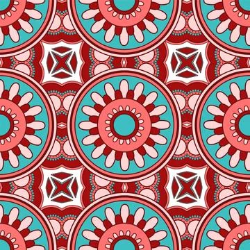 Mandala seamless pattern vector. A symmetrical round red and blue ornament. イラスト素材
