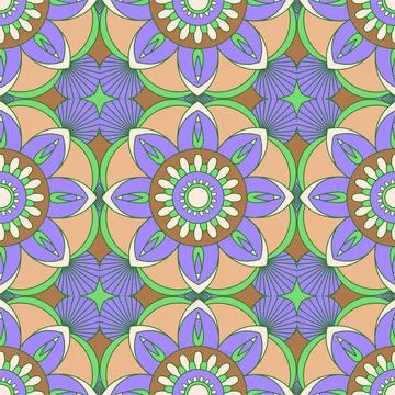 Mandala seamless pattern vector. A symmetrical purple flower ornament. Illustrazione stock