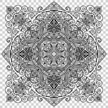 Mandala symmetrical pattern with Pigeons. Decorative element.Coloring book page Stock Illustration