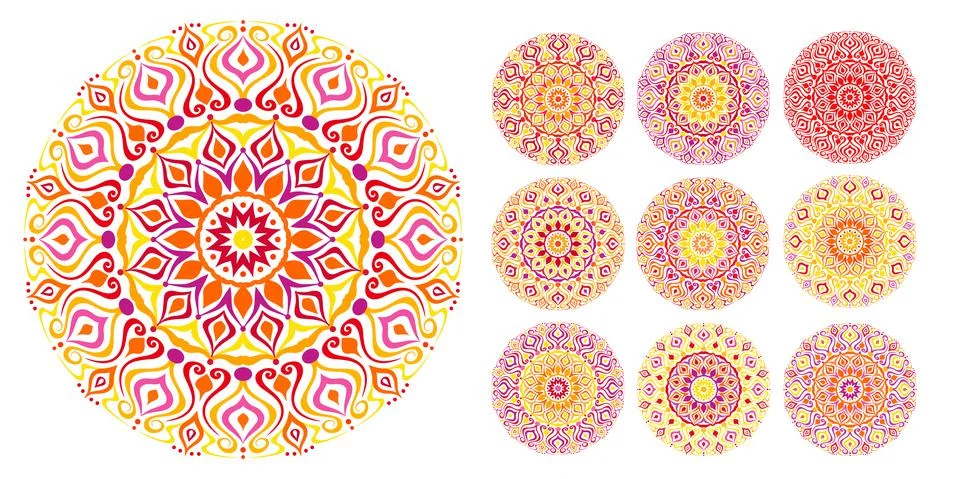 Mandala vector design. Abstract flower art in shades of red, yellow purple Stock Illustration