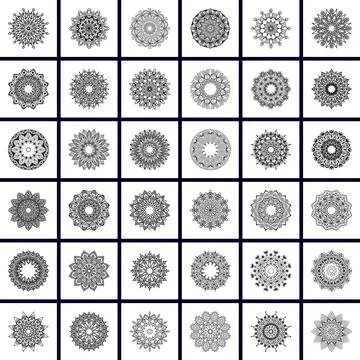 Mandala Vector Pack of 36, for coloring book. Anti-stress therapy patterns. Stock Illustration