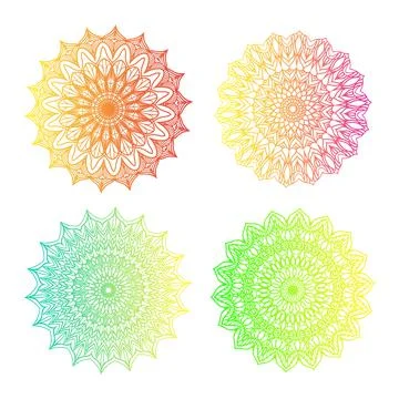 Mandalas design. Set of four on white background. Green, blue, yellow, red gr Stock Illustration