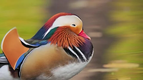 Mandarin duck with research ring standing with natural sound background Video stock 341270120