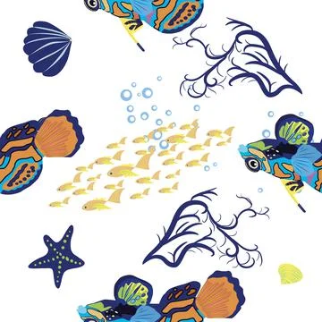 Mandarin fish seamless patterns. beautiful character among seashells, seaweed Stock Illustration