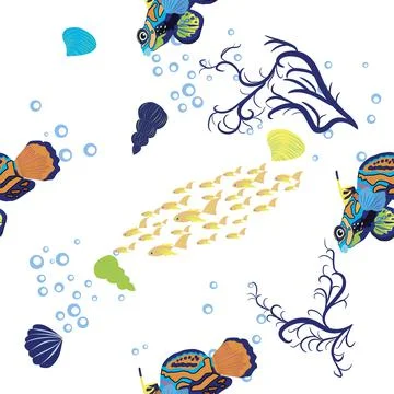 Mandarin fish seamless patterns. beautiful character among seashells, seaweed Illustrazione stock