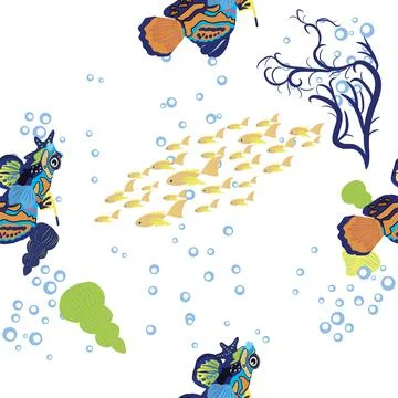 Mandarin fish seamless patterns. beautiful character among seashells, seaweed 스톡 일러스트