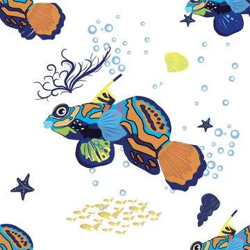 Mandarin fish seamless patterns. beautiful character among seashells, seaweed Stock Illustration