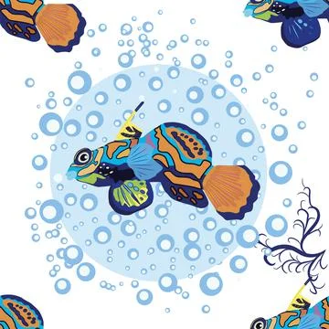 Mandarin fish seamless patterns. beautiful character among seashells, seaweed Stock Illustration