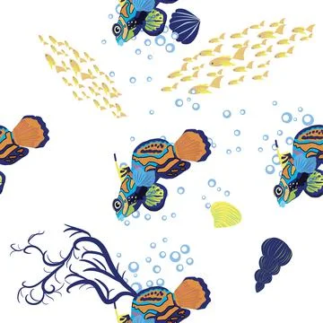 Mandarin fish seamless patterns. beautiful character among seashells, seaweed Stock Illustration